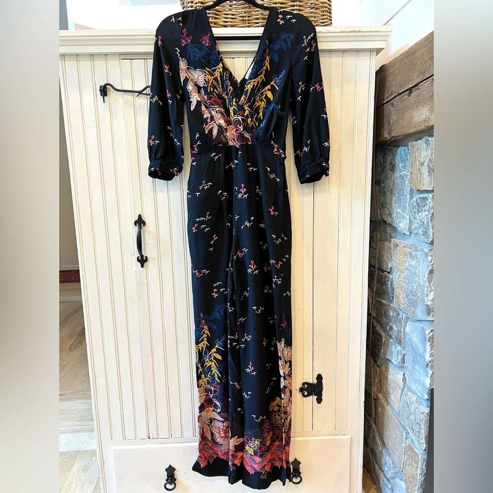 Anthropologie Black Dark Floral V-Neck Long Sleeve Full-Length Wide-Leg Jumpsuit
